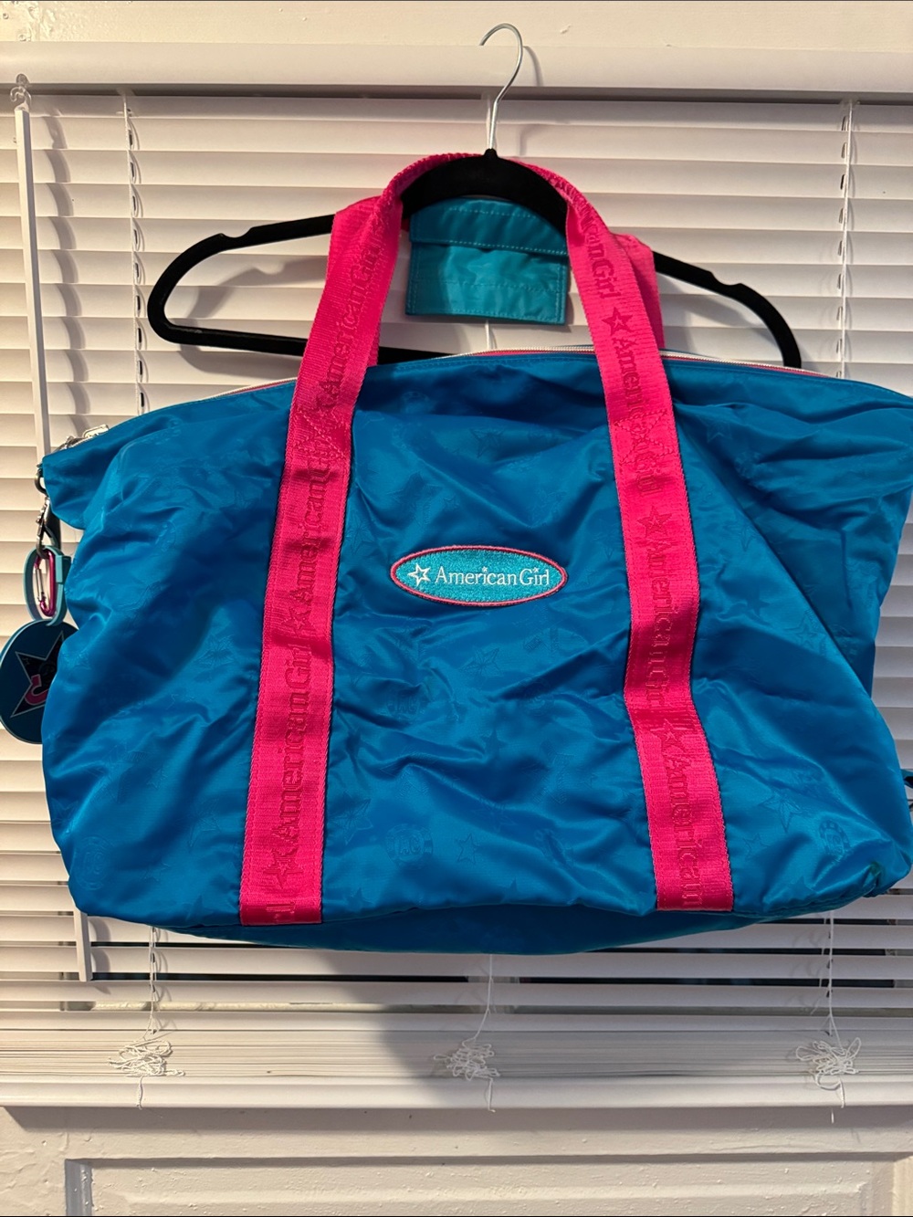 American Girl Bright Teal Travel Tote with Hot Pink Handles